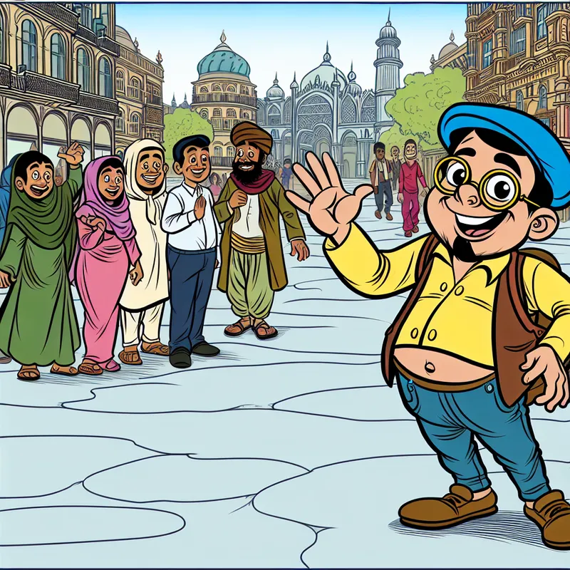 Cartoon van een vrolijke persoon die een vriend op straat begroet met een vriendelijke handzwaai.