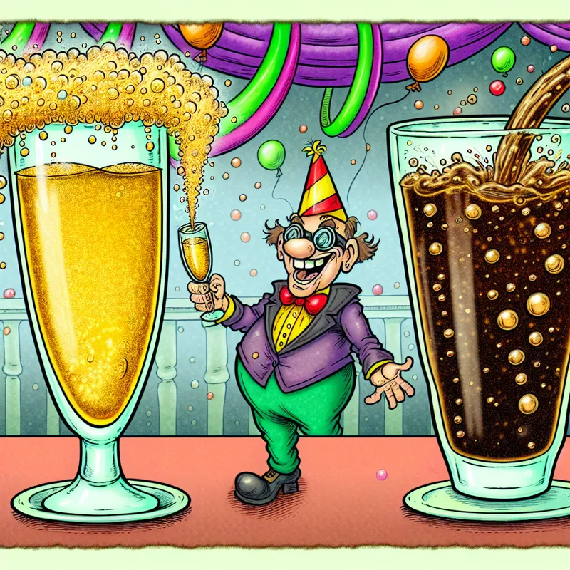 Een vrolijke cartoonscene met twee glazen: één met gouden champagne en de andere met donkere cola, beide met borrelende bubbels.
