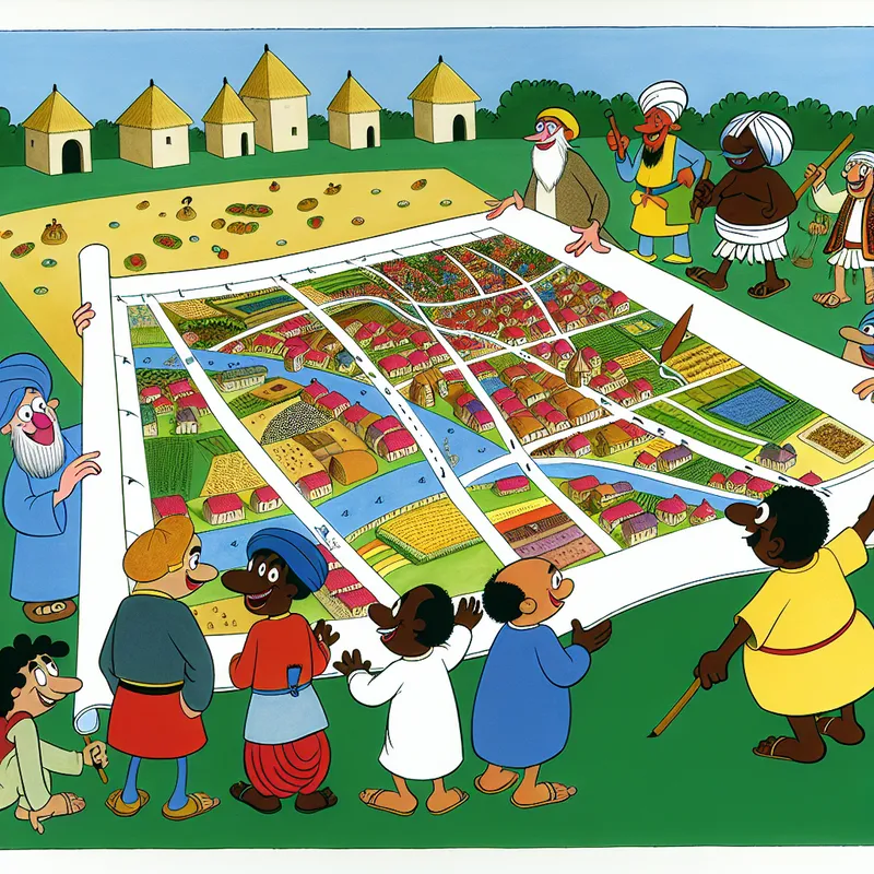 Een kleurrijke cartoonillustratie van een blije groep diverse personages, waaronder een kaartmaker en dorpsbewoners, die samen werken aan een gedetailleerde dorpskaart.