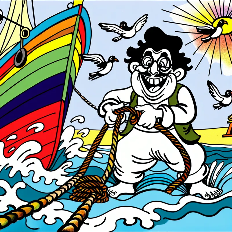 Een vrolijke cartoonfiguur die touwtjes stevig vastbindt aan een kleurrijke boot in een helder havenlandschap.