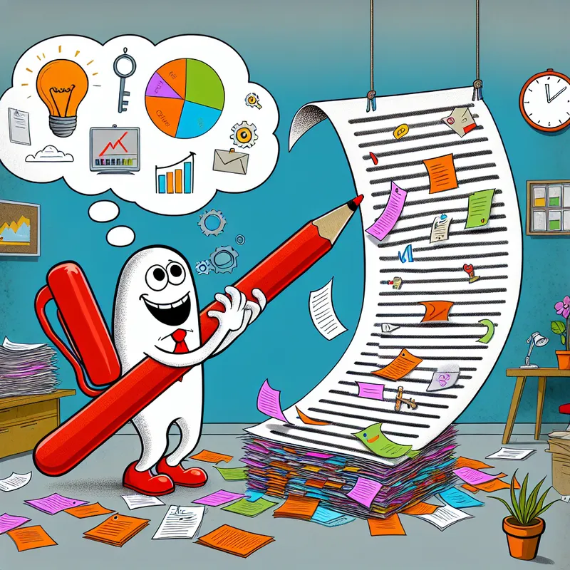 Een cartoonachtige afbeelding van een vrolijk personage dat informatie toevoegt aan een groot rapport met een rode pen, omringd door verspreide papers en een denkbubbel met verschillende iconen zoals een grafiek en een checklist.