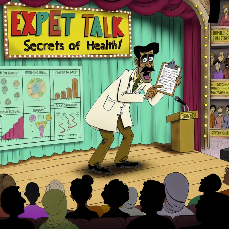 Vrolijke cartoon van een man in een labjas die zich voordoet als deskundige, houdt een clipboard met absurde grafieken vast