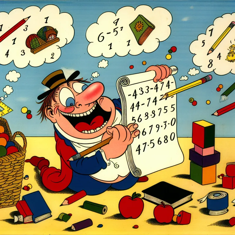 Een vrolijke cartoonfiguur met een groot notitieboek en potlood, blij artikelen tellend met kleurrijke objecten zoals appels en boeken in een speelse setting.