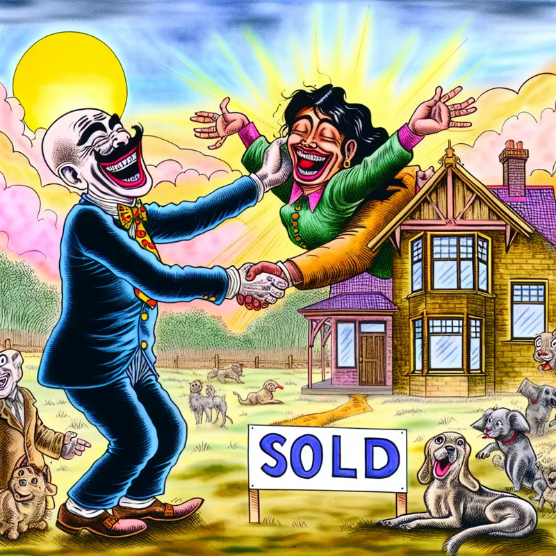 Twee blije personages schudden elkaar de hand voor een nieuw huis met een SOLD bord.