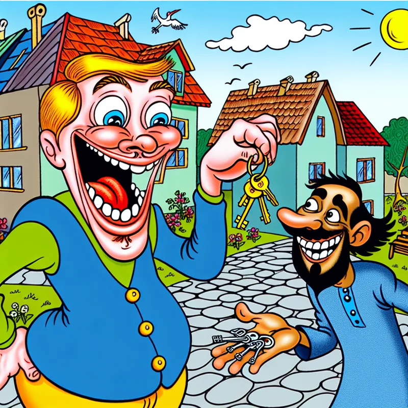 Twee vrolijke cartoonpersonages in een kleurrijke buurt, waarbij één personage blija een set glanzende sleutels omhooghoudt en de ander nieuwsgierig naar de sleutels wijst.