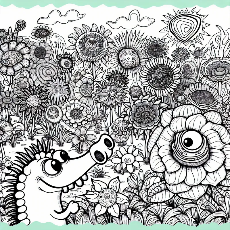 Cartoon illustratie van een kleurrijke tuin vol met verschillende bloemen, met een nieuwsgierig wezen dat de bloemen bewondert.
