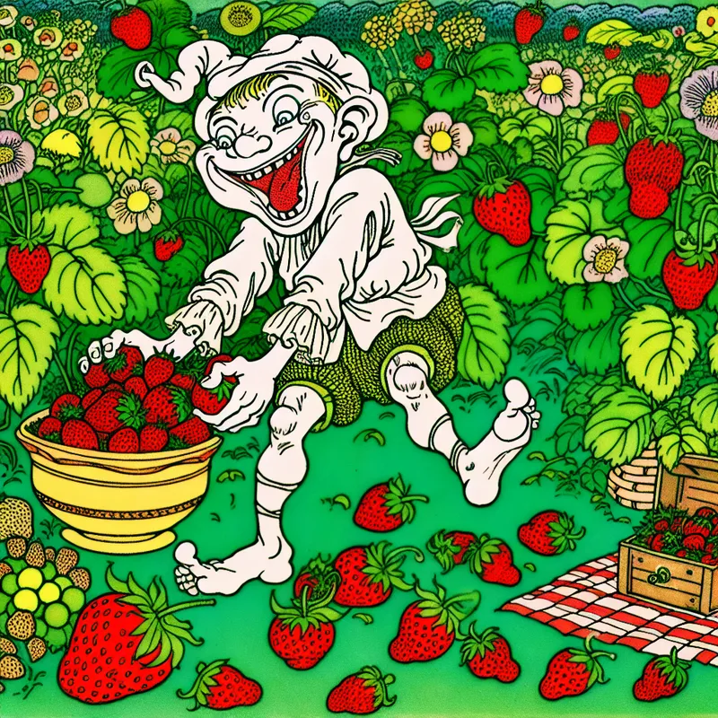 Een vrolijke cartoonfiguur plukt rijpe, rode aardbeien in een groene zomertuin.