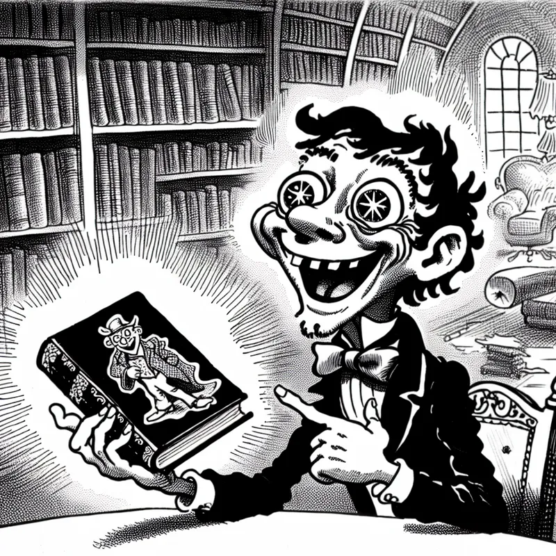 Een vrolijke cartoonfiguur wijst enthousiast naar een recent uitgebracht boek op een tafel in een gezellige kamer, vol met boeken.