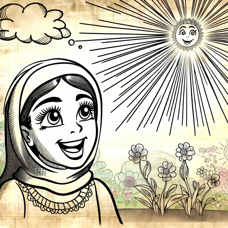 Een cartoonachtige illustratie van een jonge persoon met een stralende, blije gezichtsuitdrukking, grote ogen en een glimlach, omringd door een levendig landschap met bloemen, zon en wolken.