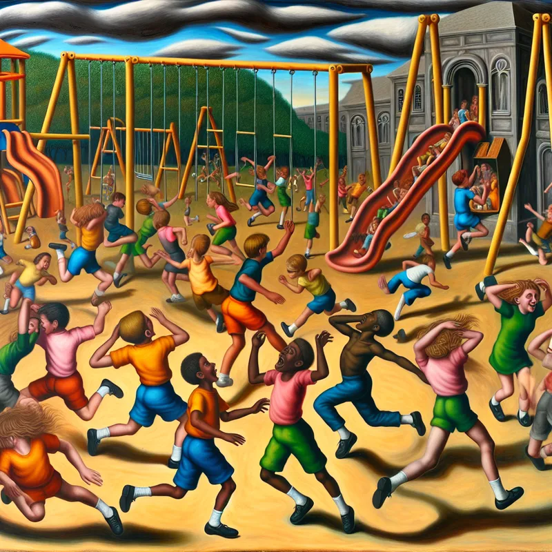 Een hyper-realistisch speelplein met kinderen van verschillende etnische achtergronden die speels en onhandig rennen en lachen.