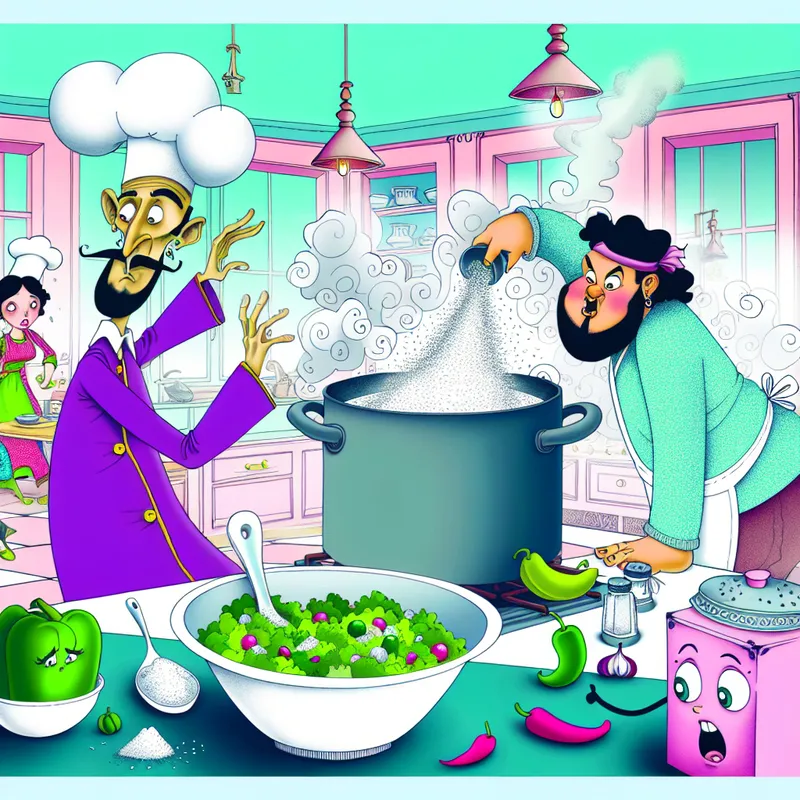 Een cartoonachtige chef in een kleurrijke keuken die verrast kijkt naar een pot soep waarin hij per ongeluk te veel zout heeft gestrooid, omringd door verbaasde groenten.