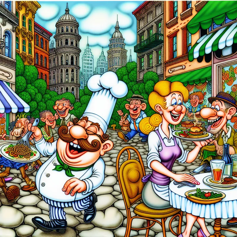 Een cartoon van een vrolijke chef en een serveerster die samen een restaurant runnen in een drukke stad.