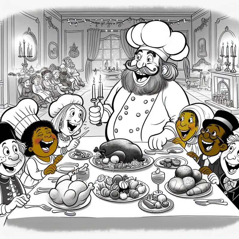 Een cartoonachtige afbeelding van een blije chef die een feestelijke maaltijd serveert aan gelukkige gasten in een sfeervolle eetkamer.