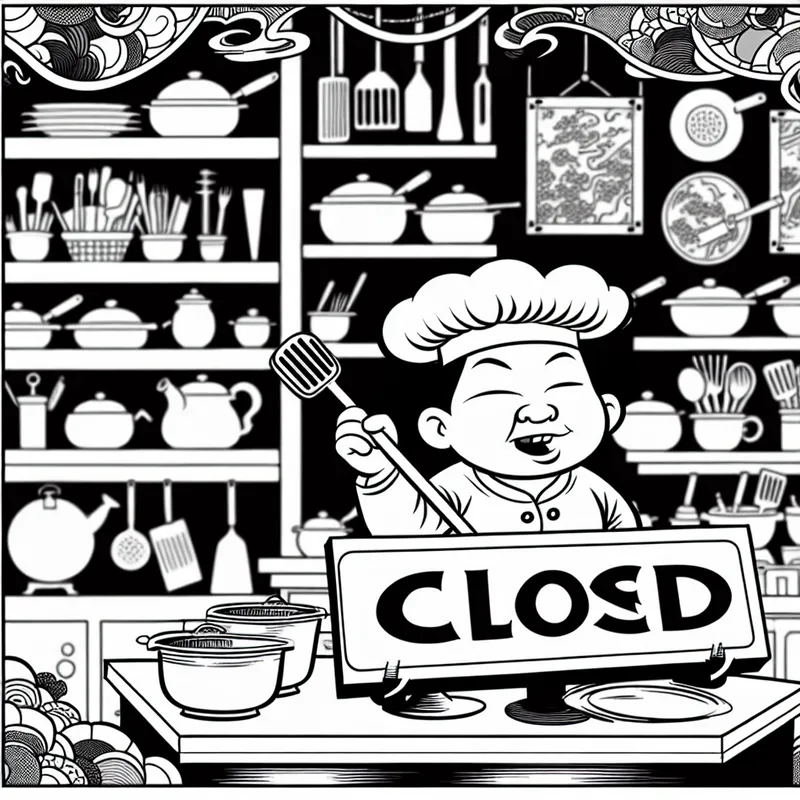 Een vrolijke chef in een kleurrijke restaurantkeuken, die potten en pannen wast met een 'Afgesloten' bord aan de deur.