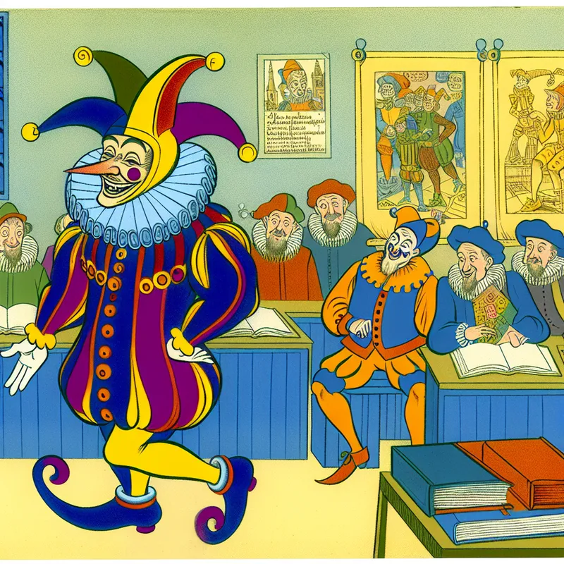 Een vrolijke clownachtige figuur vertelt grappen aan zijn klasgenoten in een kleurrijke schoolomgeving.