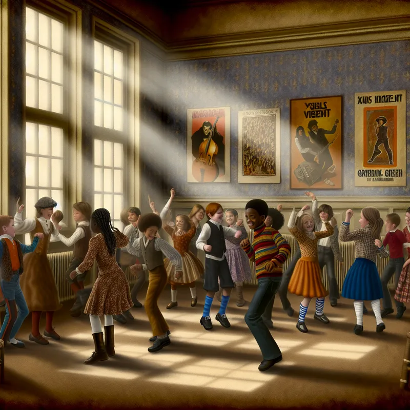 Kinderen van diverse achtergronden dansen vrolijk in een klaslokaal met vintage muziekposters.