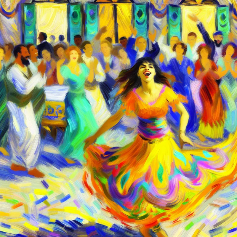 Een jonge vrouw danst vrolijk in een kleurrijke ruimte, omringd door lachende toeschouwers.