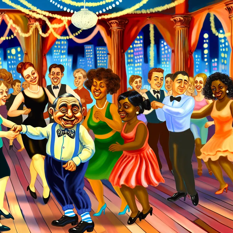 Groep mensen van verschillende leeftijden en achtergronden die vrolijk dansen tijdens een dansles in een kleurrijke balzaal, met een enthousiaste instructeur vooraan.