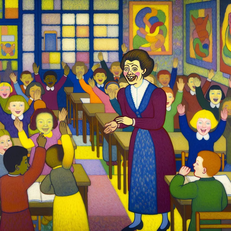 Een jonge, vrolijke lerares 'docentje' staat voor een kleurrijk klaslokaal met enthousiaste kinderen die hun handen opsteken.