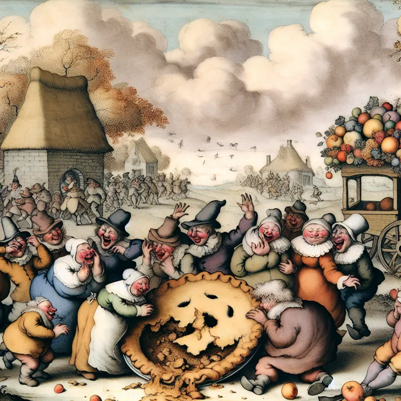 Een schattige dorpsscene met vrolijke dorpelingen rondom een grote omgevallen taart met lekkernijen, met enkele dorpelingen die lachen en anderen die zich optreden van schrik, alles omgeven door een zachte lucht en een vintage wagen vol met bloemen.