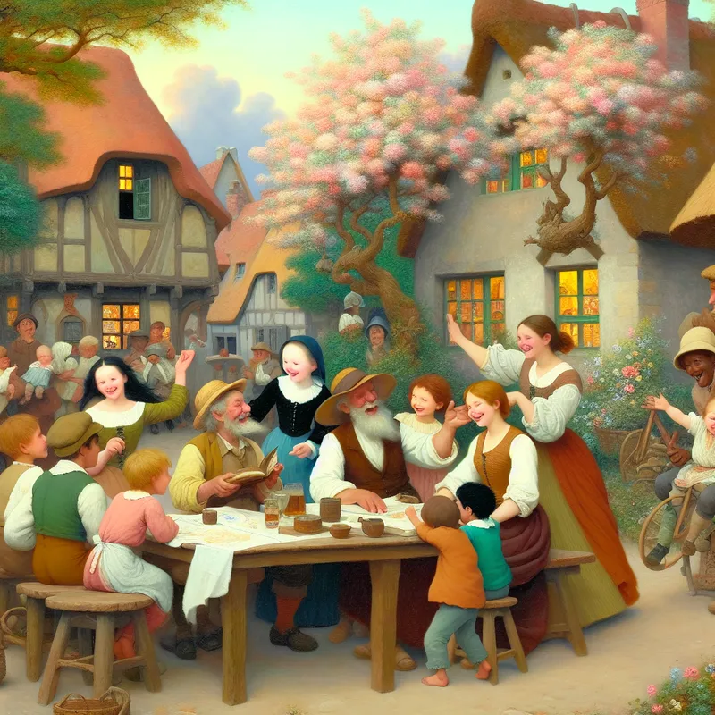 Een vrolijke dorpsscène met een oude man die verhalen vertelt aan kinderen, een stel dat arm in arm wandelt en een kunstenaar die schildert onder bloeiende bomen.
