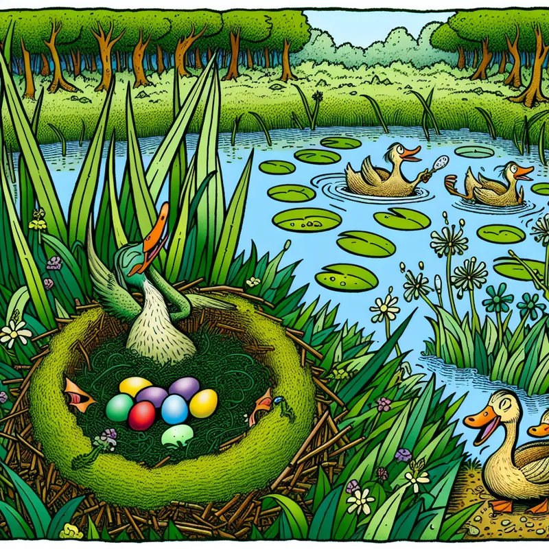 Een vrolijke en cartoonachtige illustratie van een eendennest met een moeder eend op kleurrijke eieren, omringd door riet en waterlelie.