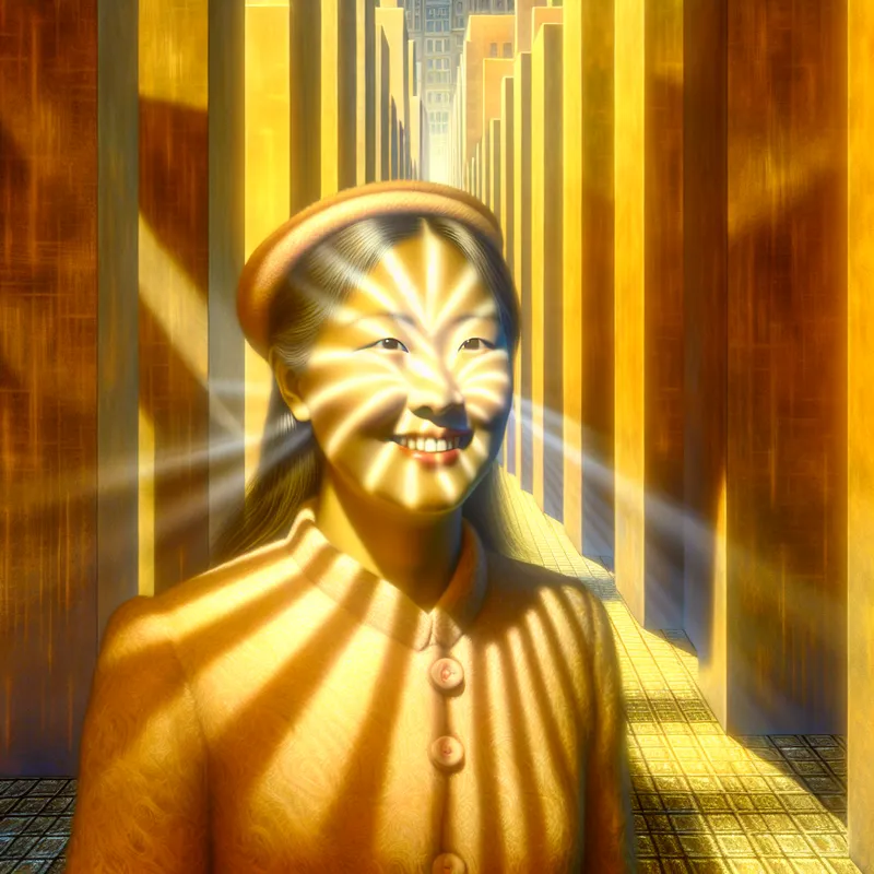 Hyperrealistisch surrealistisch portret van een persoon met een gloeiende aura van vreugde en warmte, kenmerkend voor een vrolijke eigenschap in een monumentale stedelijke omgeving