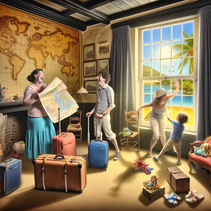 Een vrolijke familie pakt hun koffers in een knusse woonkamer met reisitems zoals kaarten en speelgoed.