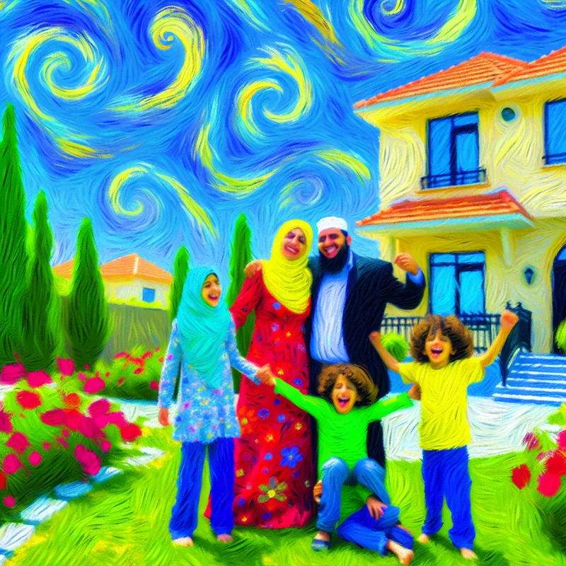 Een gelukkige familie staat voor hun nieuwe huis, omringd door groen en bloemen in volle bloei.