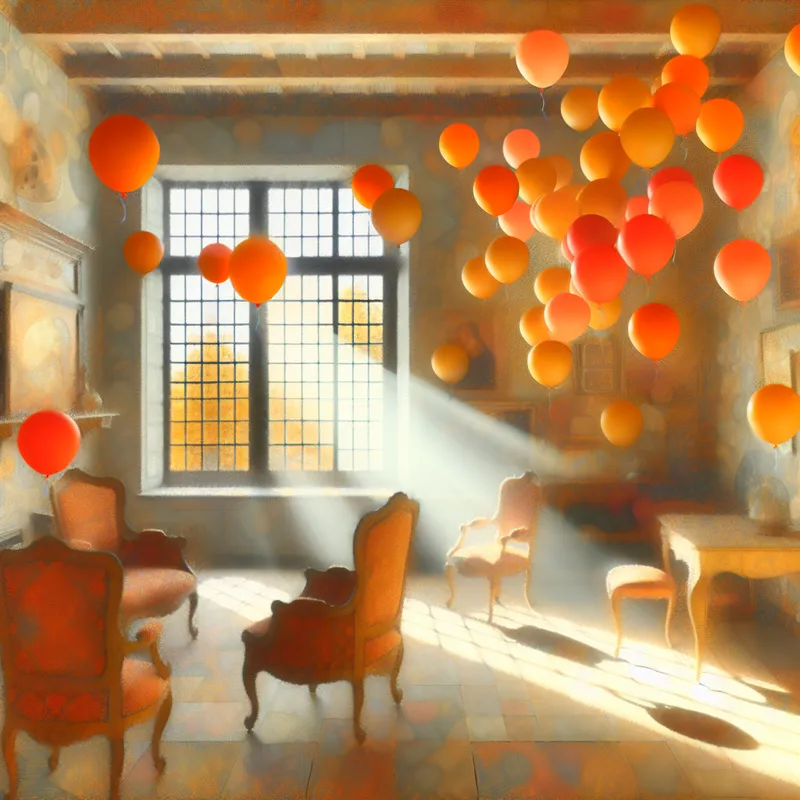 Een feestelijke binnenruimte met een cluster van vibrante oranje ballonnen die hoog zweven onder een zacht diffuus licht.