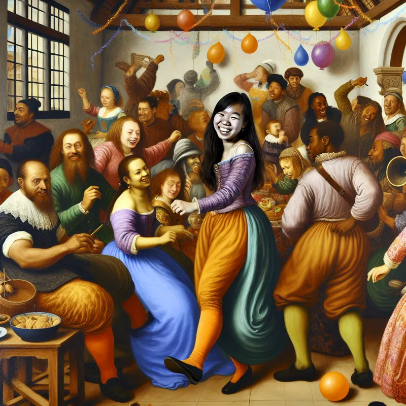 Een jonge vrouw danst vrolijk in het midden van een feest, omringd door lachende vrienden, met kinderen die op de achtergrond cadeaus openen.