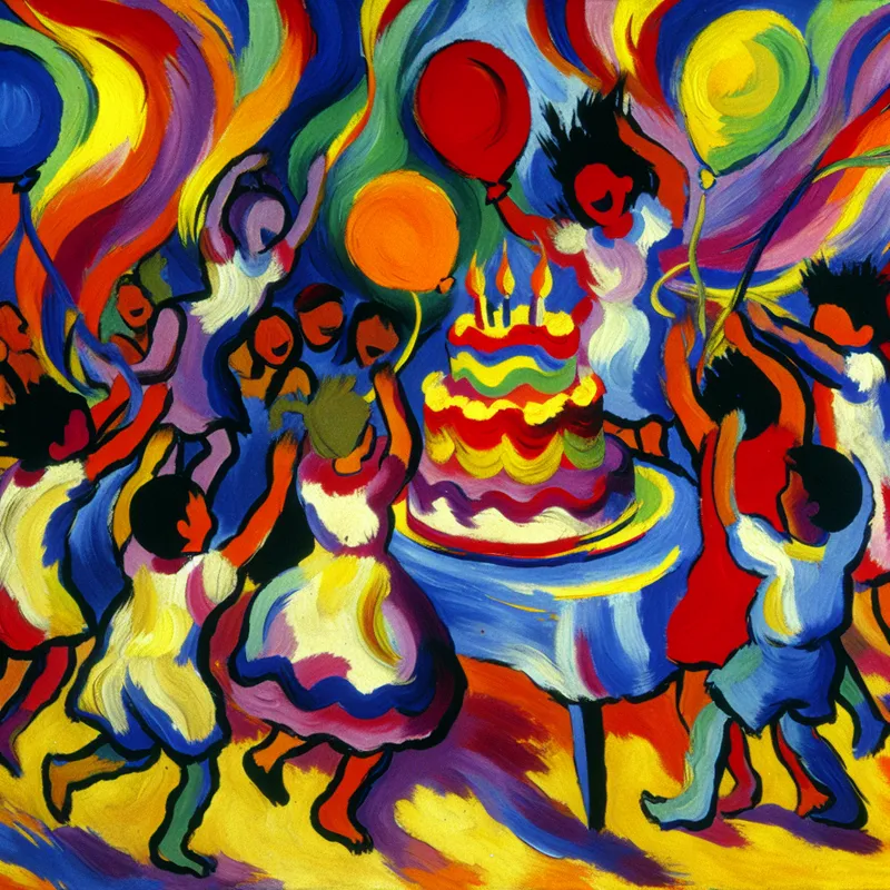 Abstract expressionistische weergave van een vrolijke feestscène met spelende kinderen rondom een verjaardagstaart