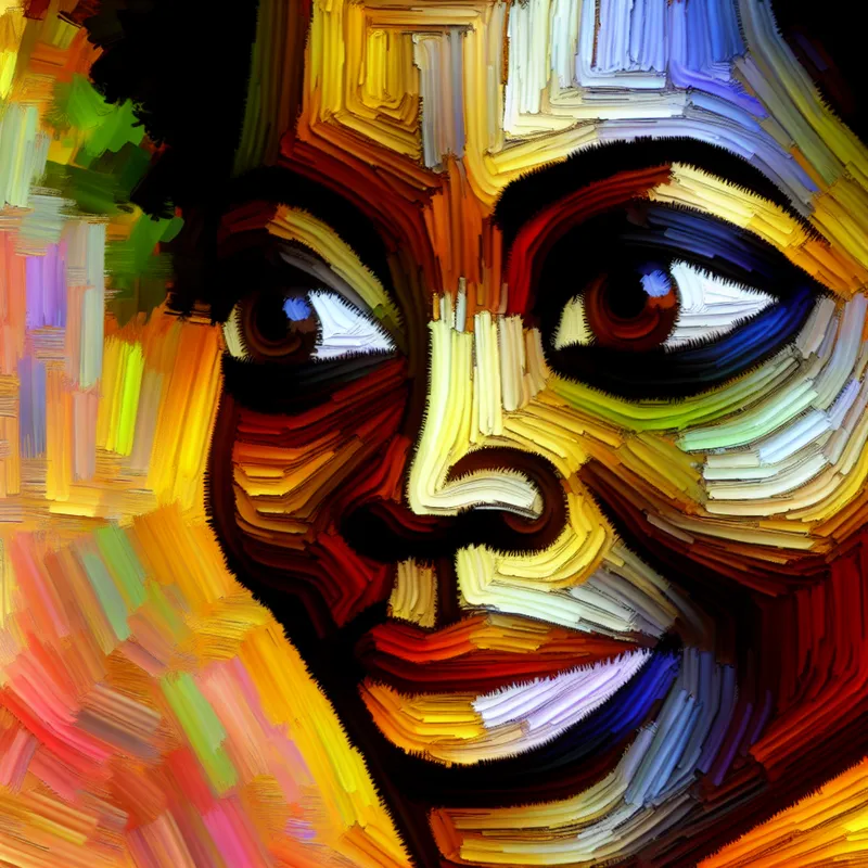 Abstract expressionistisch portret met vrolijke gelaatstrekken, dynamische penseelstreken en warme kleuren rond de ogen en lachrimpels