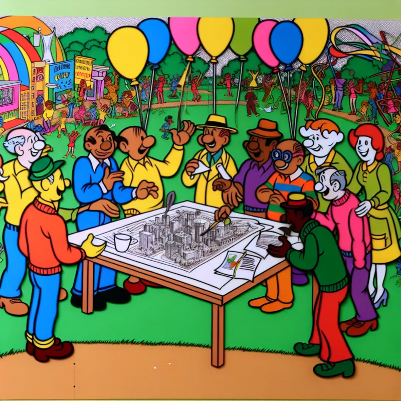 Een kleurrijke cartoonweergave van een vrolijke gemeenschap die rond een tafel zit met plannen en materialen voor het organiseren van een festival.