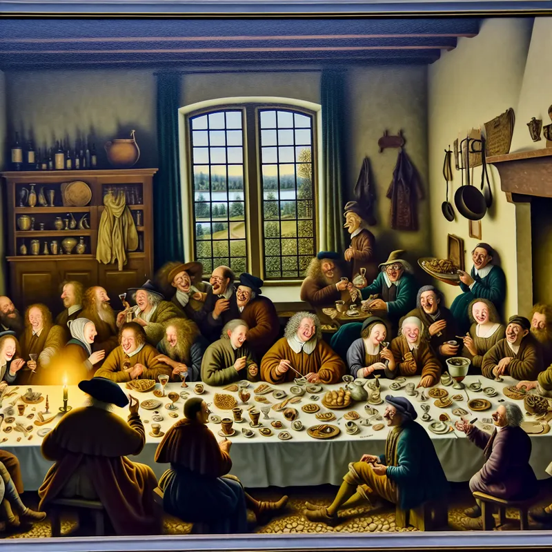 Een groep vrolijke mensen aan een grote tafel in een dorpsherberg, omringd door kleine symbolen van afgehandelde taken.