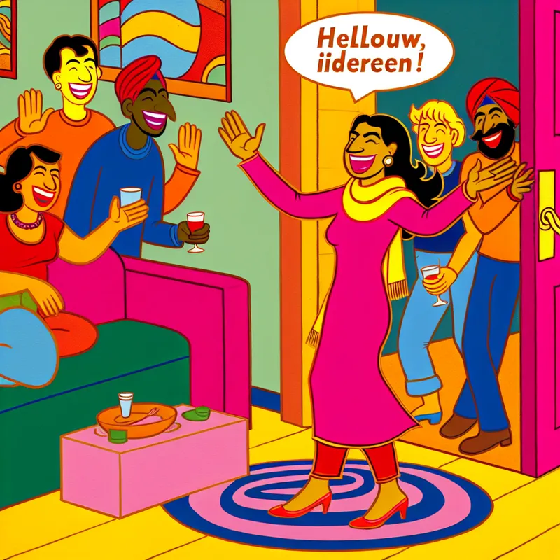 Groep vrienden begroet elkaar vrolijk in een warme, uitnodigende woonkamer.