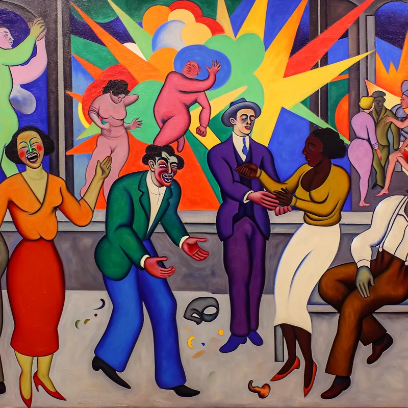 Een vrolijke groep mensen die elkaar gedag zegt na een informele bijeenkomst, met een handdruk en de uitdrukking 'doei'.