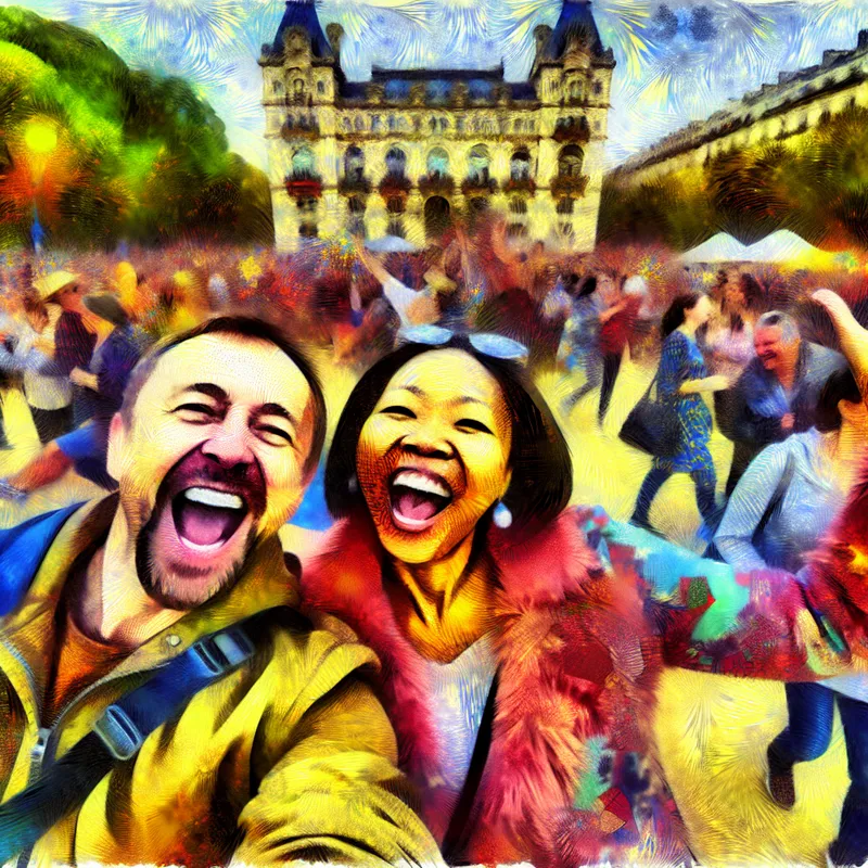 Een levendige ene expressieve scène van een blije hereniging tussen twee vrienden op een drukke straat.