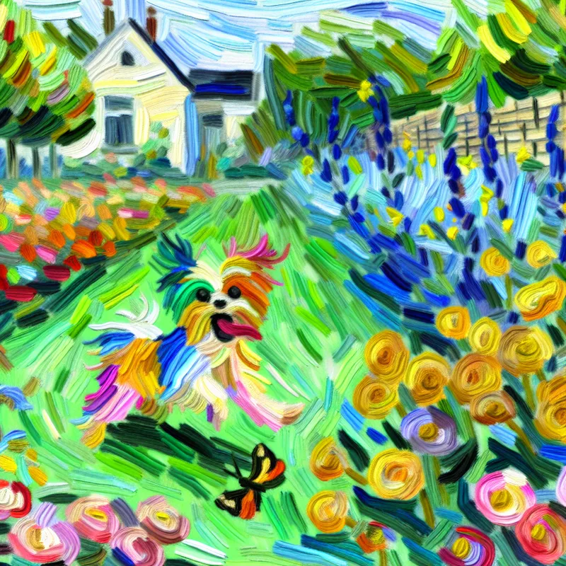 Een kleine, vrolijke hond met kleurrijk gestructureerde vacht, spelend tussen bloeiende bloemen en achtervolgend een vlinder in een levendige tuin.