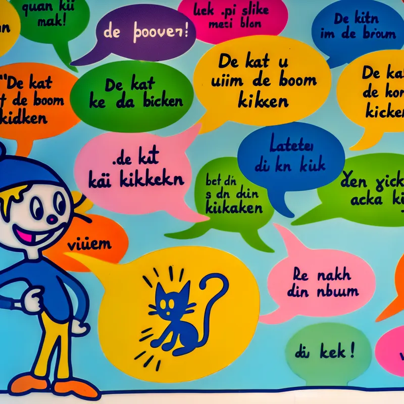 Een vrolijke tekenfilmachtige illustratie van een personage omringd door kleurrijke spraakbubbels met bekende Nederlandse gezegden.