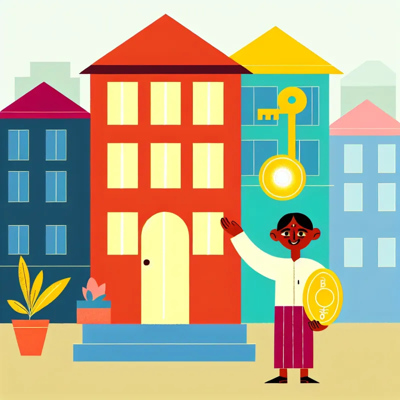 Vrolijke illustratie van een persoon voor een kleurrijk appartement, met een grote sleutel en een munt met het label 'borg'