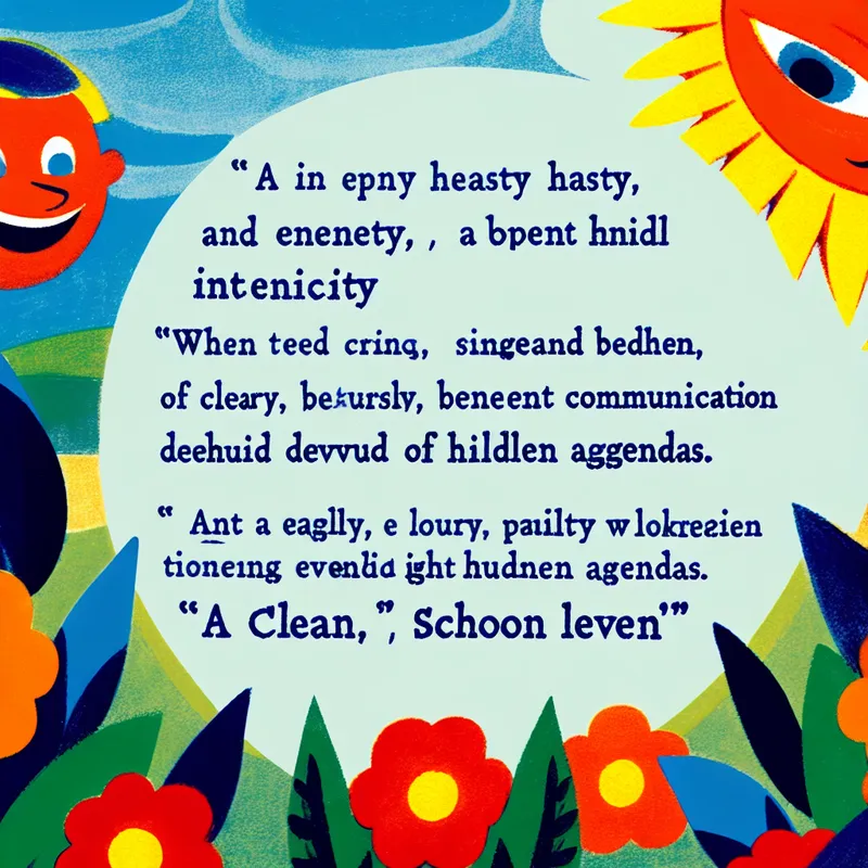 Een vrolijke illustratie van een vriendelijk personage met een grote glimlach, omringd door kleurrijke bloemen, die eerlijkheid en oprechtheid symboliseren.