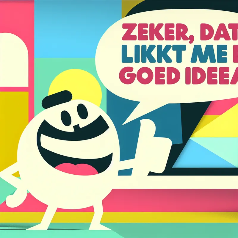Minimalistische illustratie van een vrolijk personage met een grote glimlach dat een duim omhoog steekt naast een spraakwolk met de tekst 'Zeker, dat lijkt me een goed idee!'