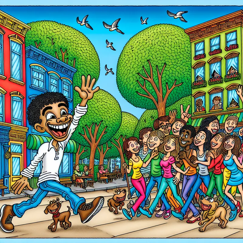 Een vrolijke jonge man die door een kleurrijke straat loopt en enthousiast zwaait naar vrienden buiten een koffiehuis.