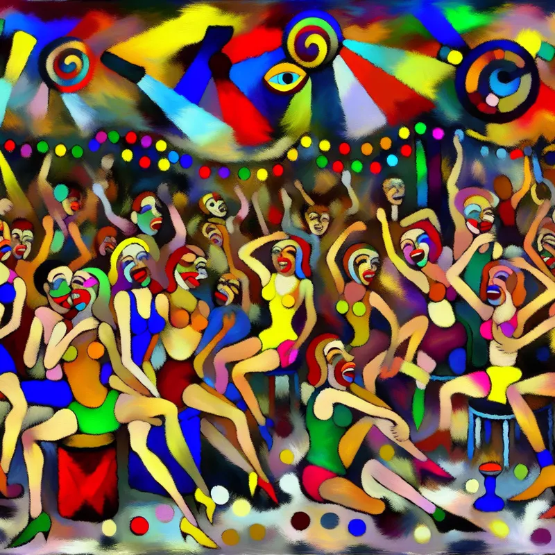 Groep jonge mensen die vreugdevol dansen en lachen op een levendig feest met kleurrijke versieringen.