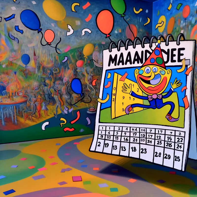 Cartooneske kalender met het woord 'Maandje' en een vrolijke maand-figuur met een partyhoed.