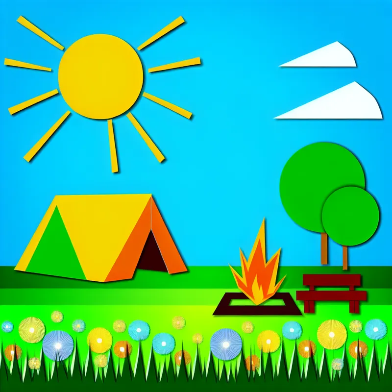 Illustratie van een vrolijke kampeerscene in de stijl van Dick Bruna, met een kleurrijke tent en een kampvuur op een grasveld.