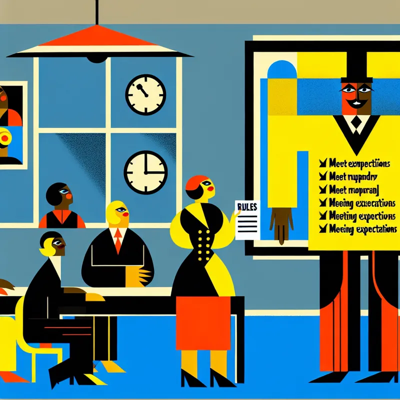 Een vrolijke kantoor scène met een personage dat een checklist presenteert aan teamleden.