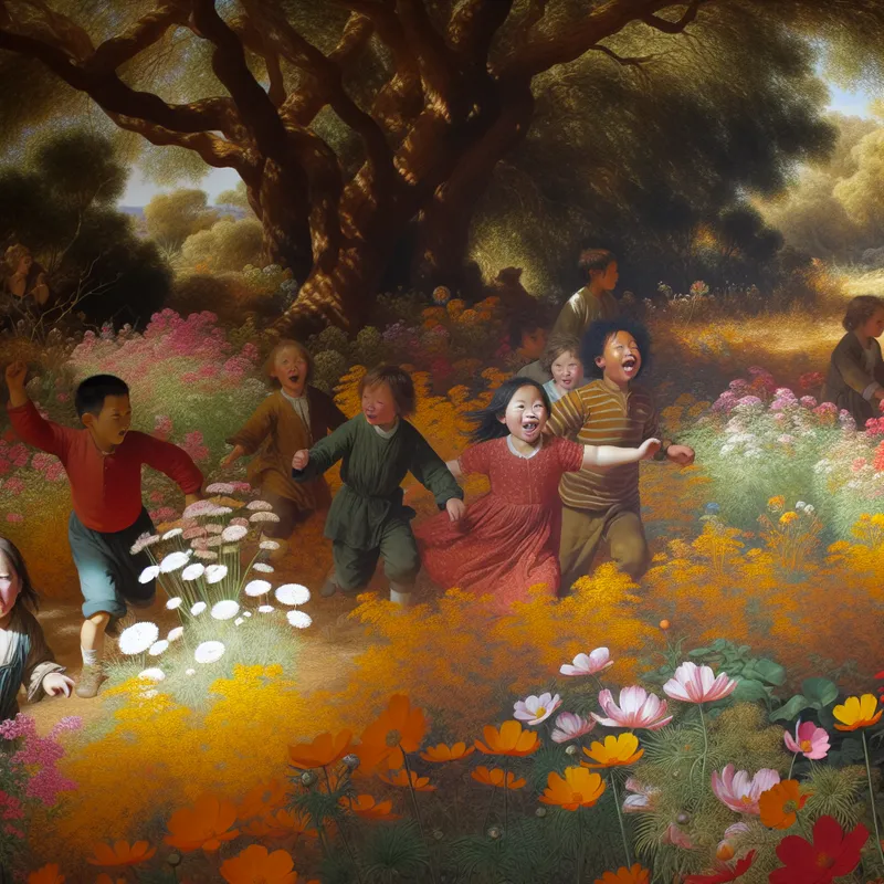 Een levendig park gevuld met kleurrijke wilde bloemen en spelende kinderen die blij tussen de bloesems fladderen.