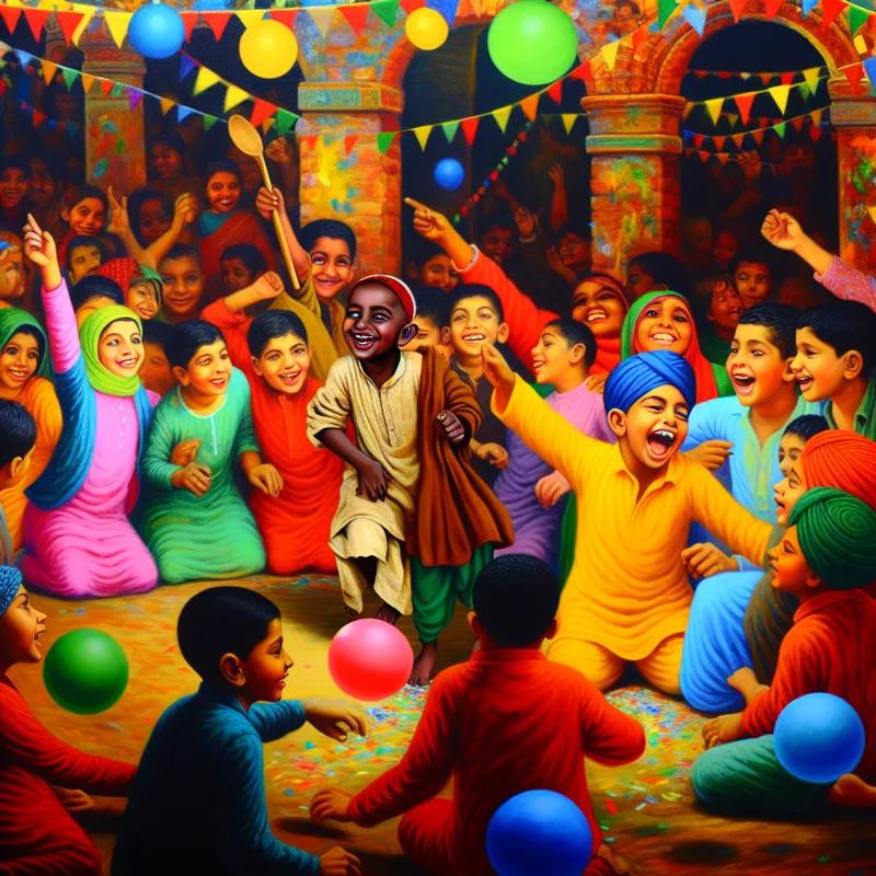 Een groep blije kinderen in een feestelijke sfeer, omringd door kleurrijke versieringen en ballonnen, waarbij één kind straalt van vreugde.